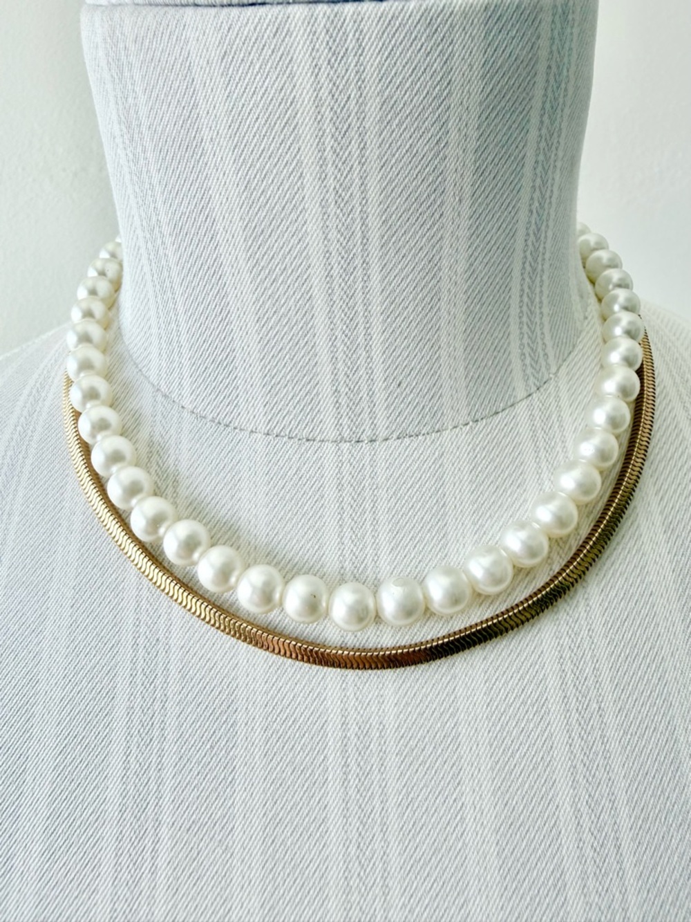 Vintage Layered Glass Pearl & Gold Snake Chain Necklace-Vintage Filigree Clasp